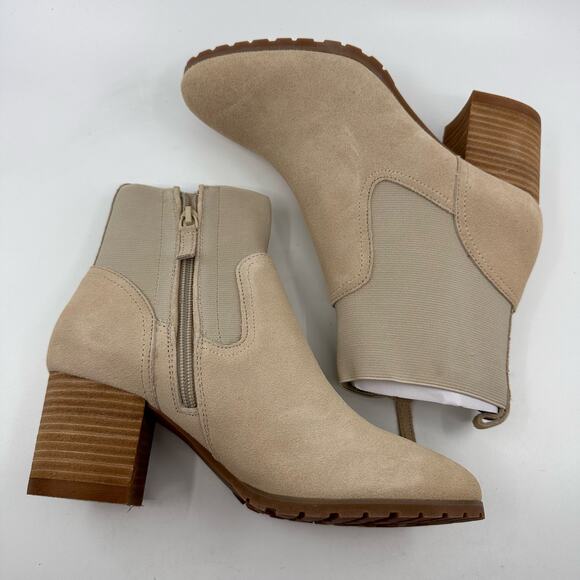 Violet & Red Loaded Knit Cuff Bootie Block Heel Faux Suede Tan Womens Size US 7 - Picture 5 of 9